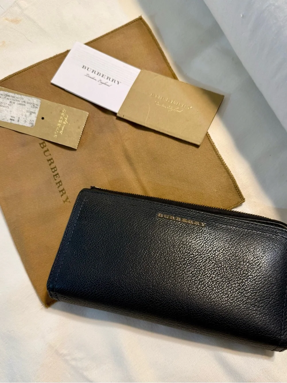 Burberry Navy Blue Leather Zip-Around Wallet with Gold Logo